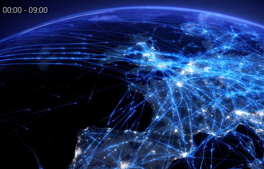 Visualisering af fly i luften over Europa. Foto: CCBY NATS - UK Air Traffic Control