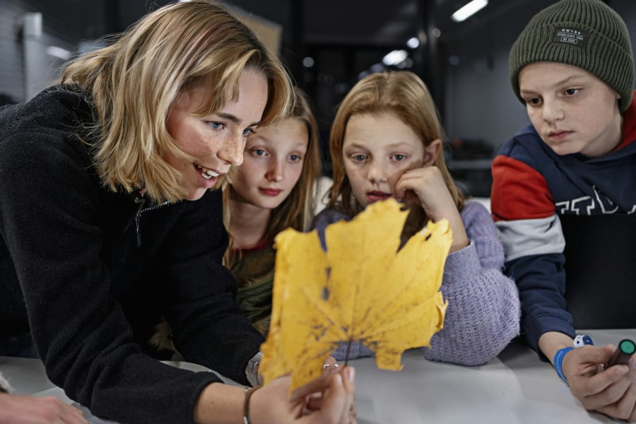 En af de unge mentorer underviser børnene i biodiversitet. Foto: Lars Svankjær / Videnskabsklubben