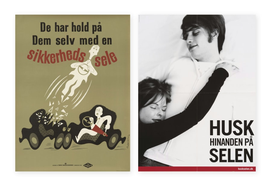 I mange årtier har Rådet for Sikker Trafik mindet danskerne om, at sikkerhedsselen redder liv. Her er kampagner fra 1958 og 2007. Foto: Rådet for Sikker Trafik